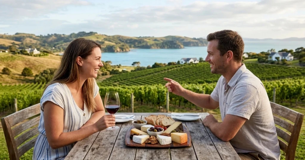 A couple enjoys an intimate, sun-drenched lunch overlooking the vineyards of Waiheke Island and the Hauraki Gulf.