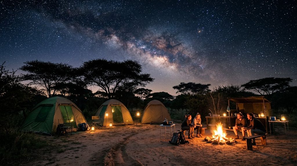 Budget safari campsite at dusk with tents and campfire under the stars in Africa" · Place before