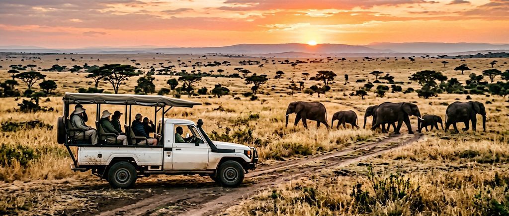 Budget safari vehicle watching elephants on the savanna at sunrise in Africa
