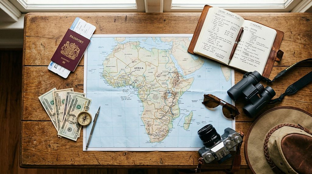 Safari budget planning with passport, cash, map of Africa, binoculars and camera" · Place beside