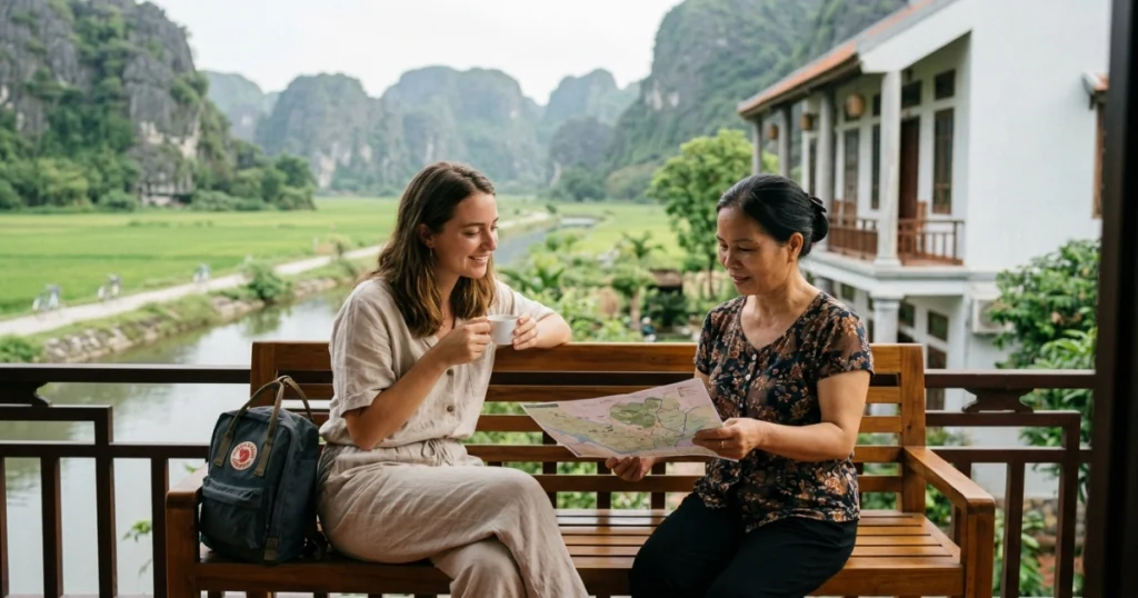 A solo female traveler smiles while interacting with a local woman at a family-run homestay in Ninh Binh, a rural, safe destination. This captures human connection and highlights safe, community-based tourism.