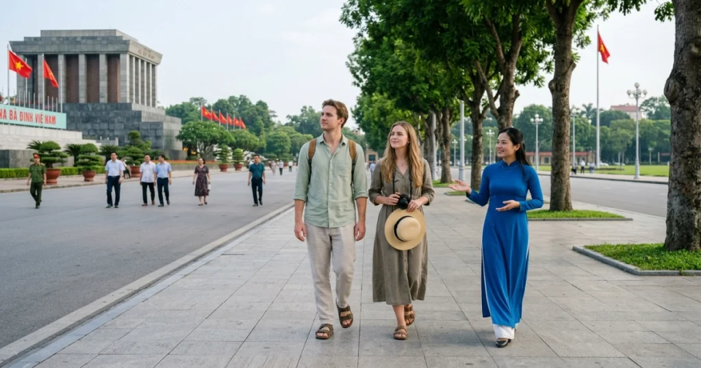 Tourists calmly explore the wide pedestrian avenues near the Ho Chi Minh Mausoleum in Hanoi, a site of significant vietnam political stability. The peaceful and orderly environment highlights the country's consistent vietnam security for visitors.