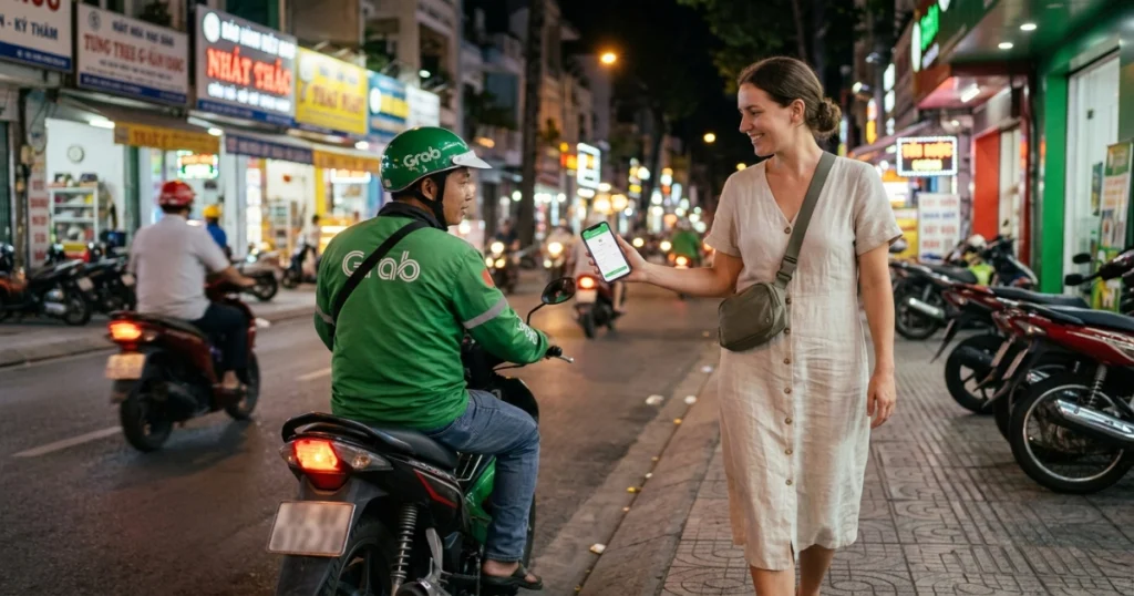 A traveler uses a ride-hailing app, one of the best vietnam safety apps for tourists, to book a ride from a legitimate driver in a well-lit urban area at night, ensuring safe and fair vietnam road safety.