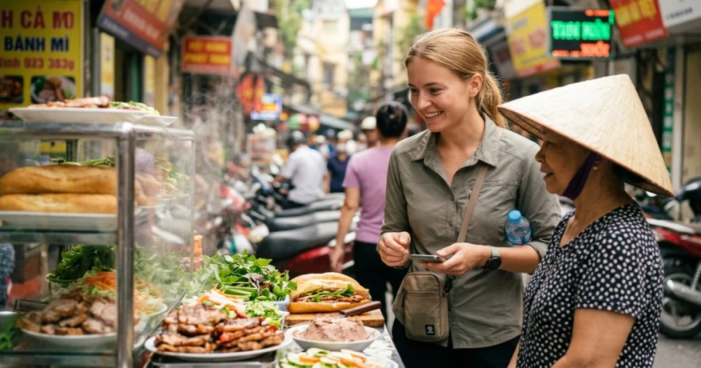 An ultra-realistic photograph of a traveler buying fresh street food. She is smiling and observing the preparation, a core part of vietnam food safety. This highlights a human connection and proactive, safe choices.